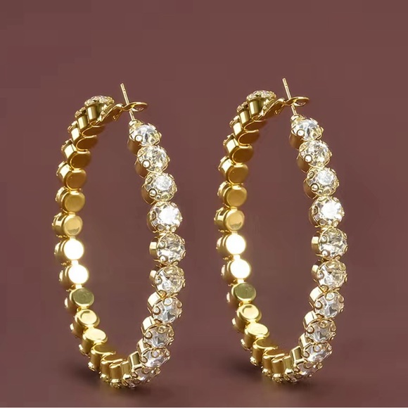 Gold Shiny Rhinestone Hoop Earrings - Picture 3 of 7